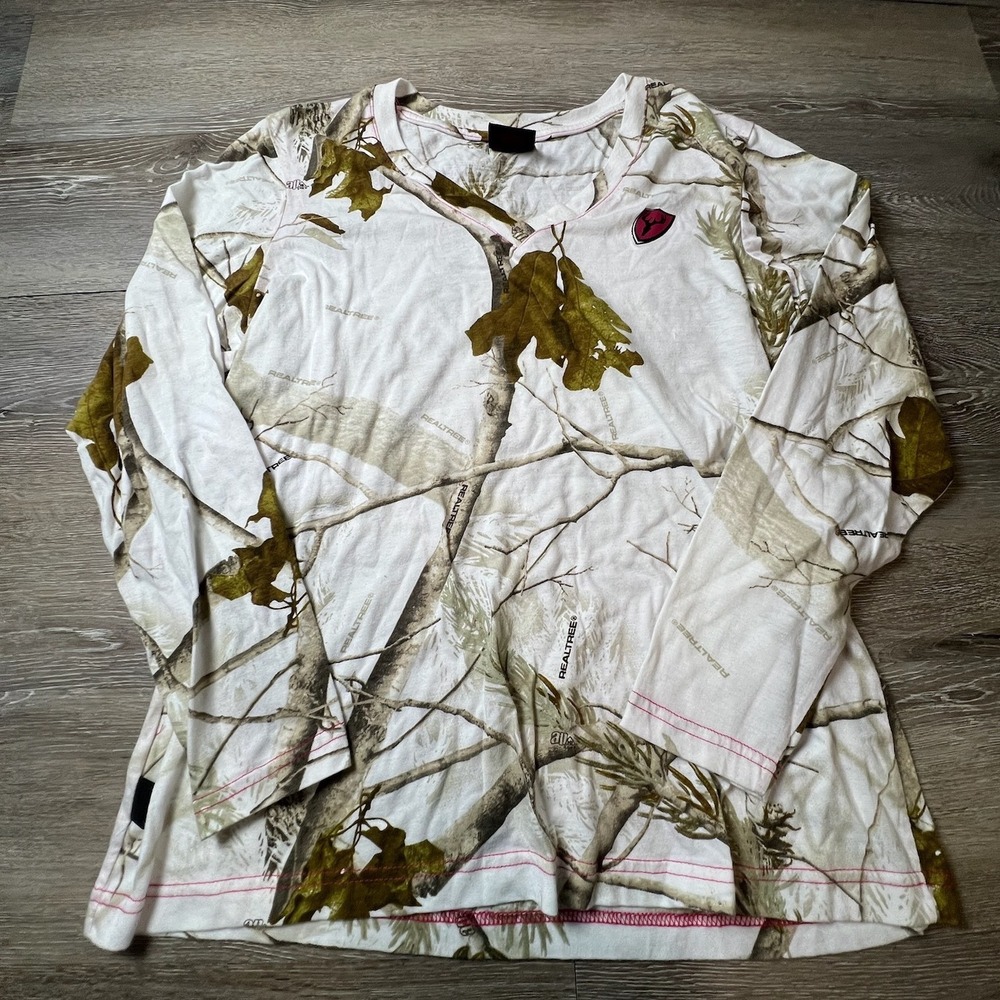 Scent Blocker Realtree Camo Shirt Womens XL White Long Sleeve V-Neck Pink Stitch